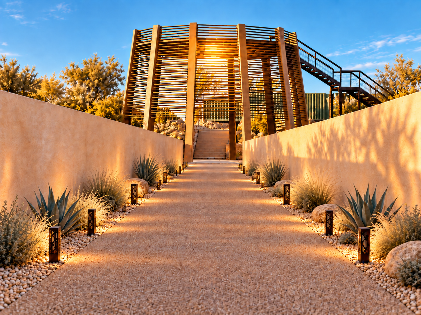 Illuminated entry path leading to the Ethos Baja pavilion