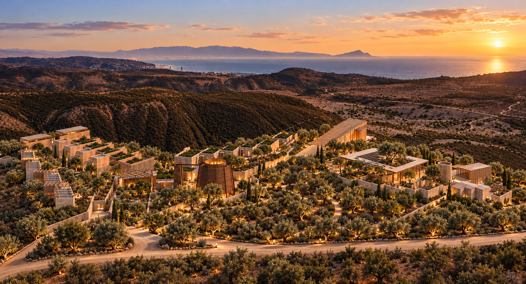 Full aerial rendering of Ethos Baja among hills and olive trees
