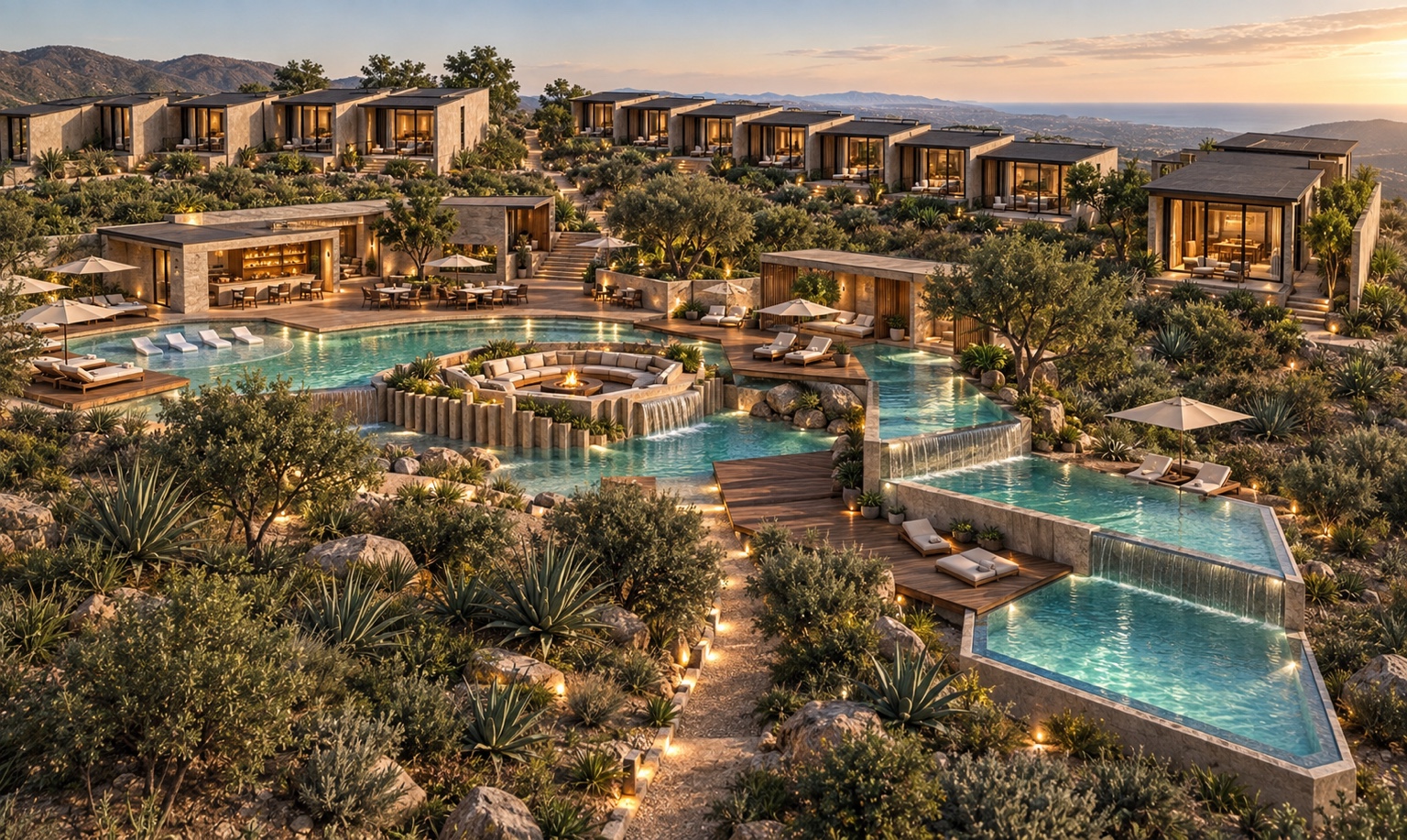 Ethos Baja pool terraces and guest rooms at sunset